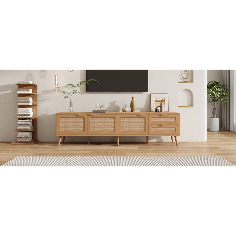 Roomfitters 70 Inch Rattan TV Stand for TVs up to 80 Inch, Modern Media Console with 2 Drawers & Cable Management, Natural