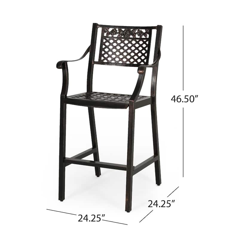 Roomfitters 2-Piece Outdoor Metal Bar Stools, Antique Bronze Cast Aluminum Patio High Dining Chairs with Floral Lattice, Black