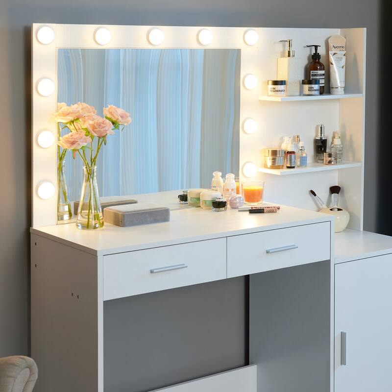 Modern Vanity Desk with Mirror, Lights and Storage