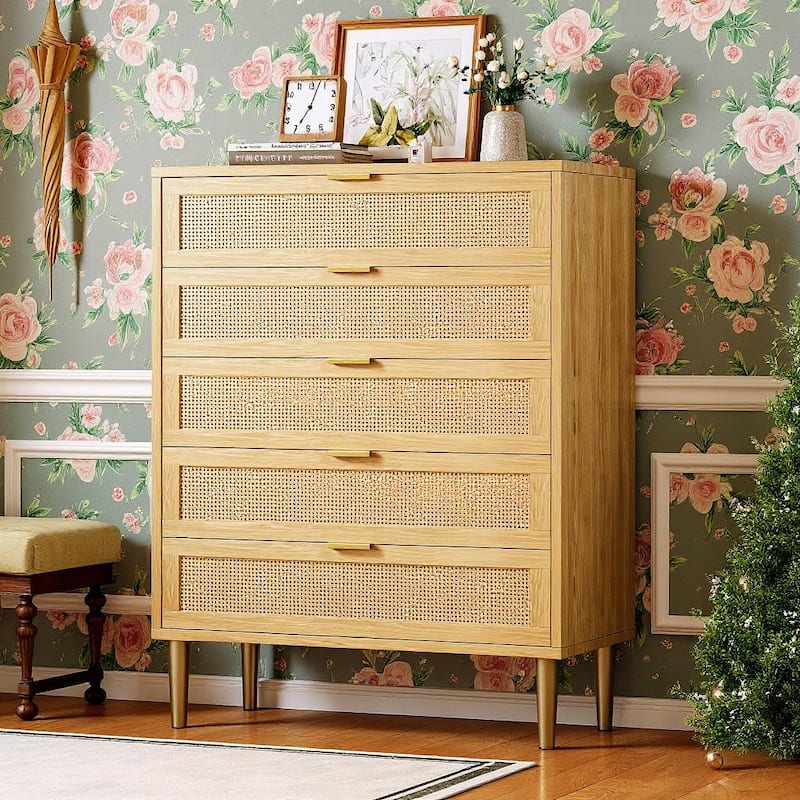 5 Drawers Tall Rattan Dresser, with Metal Legs and Handles, 44''