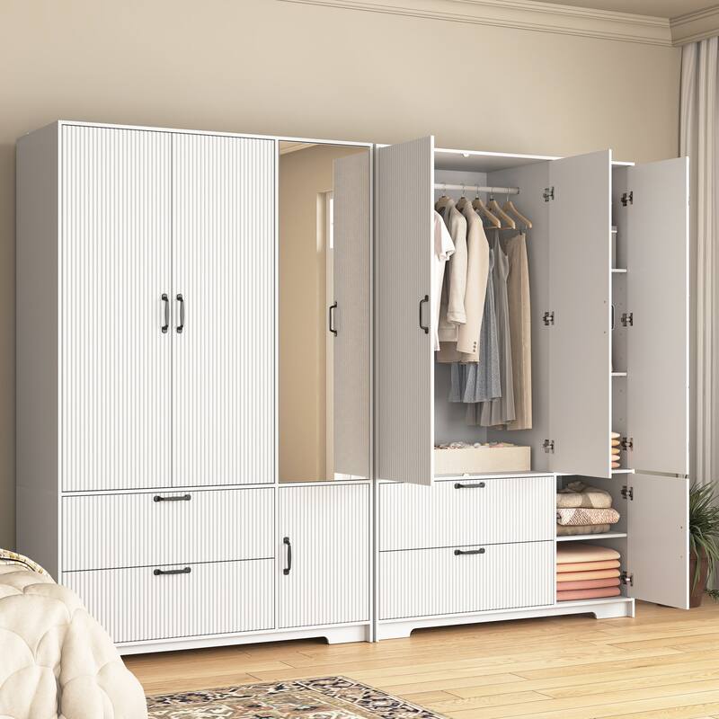 4-Door Wardrobe Closet with Mirror & LED, Wooden Storage Cabinet with Hanging Rod & Adjustable Shelves
