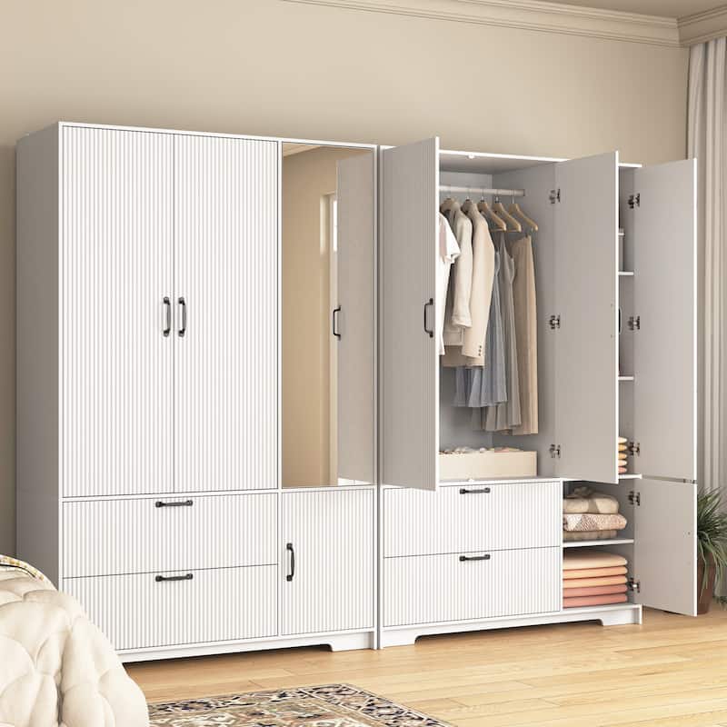4 Doors Wardrobe Closet with Mirror, LED Wardrobe with Doors and 2 Drawers, Wooden Wardrobe Storage Cabinet with Hanging Rod