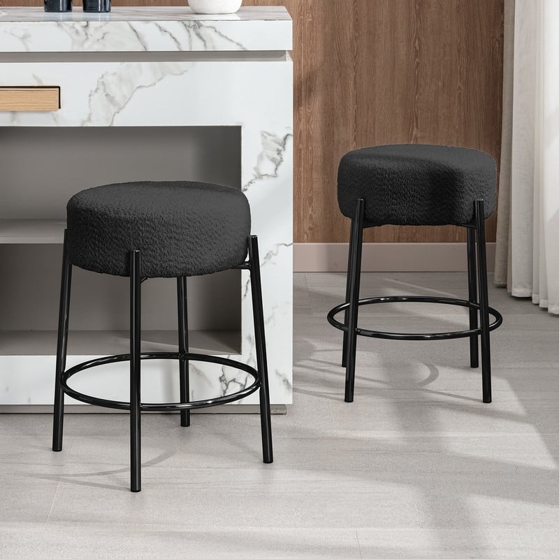 Mixoy Backless 24"Counter Height Velvet Bar Stools with steel Legs - Set of 2 - Black with black legs - Counter Height