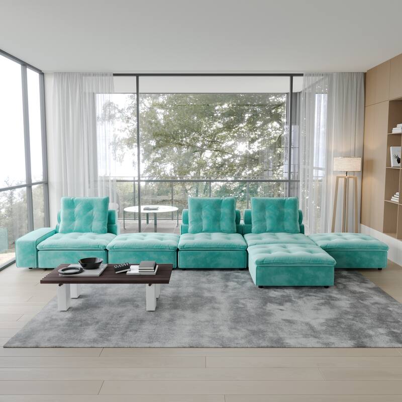 Large Modular Sectional Sofa with Ottoman,Modern Frosted Fleece Upholstery Cloud Couch - Tiffany Blue