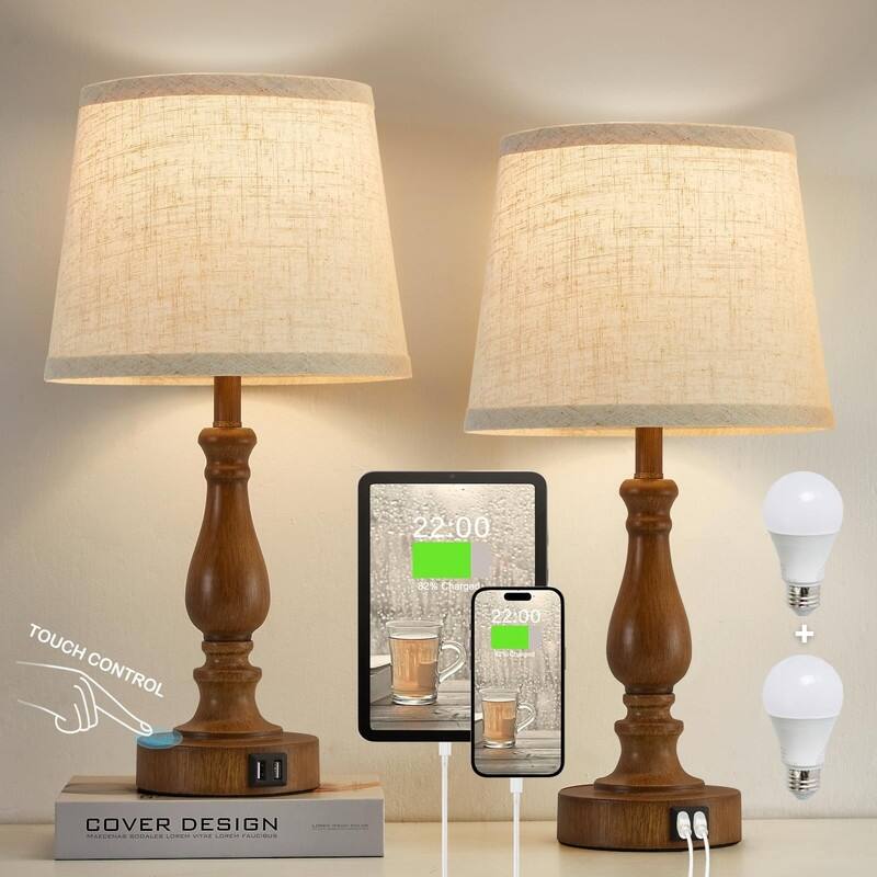 Lamps for Bedrooms Set of 2, Touch Bedside Table Lamp with USB Ports -  Graining Base and Begie color -  Graining Base and Begie color