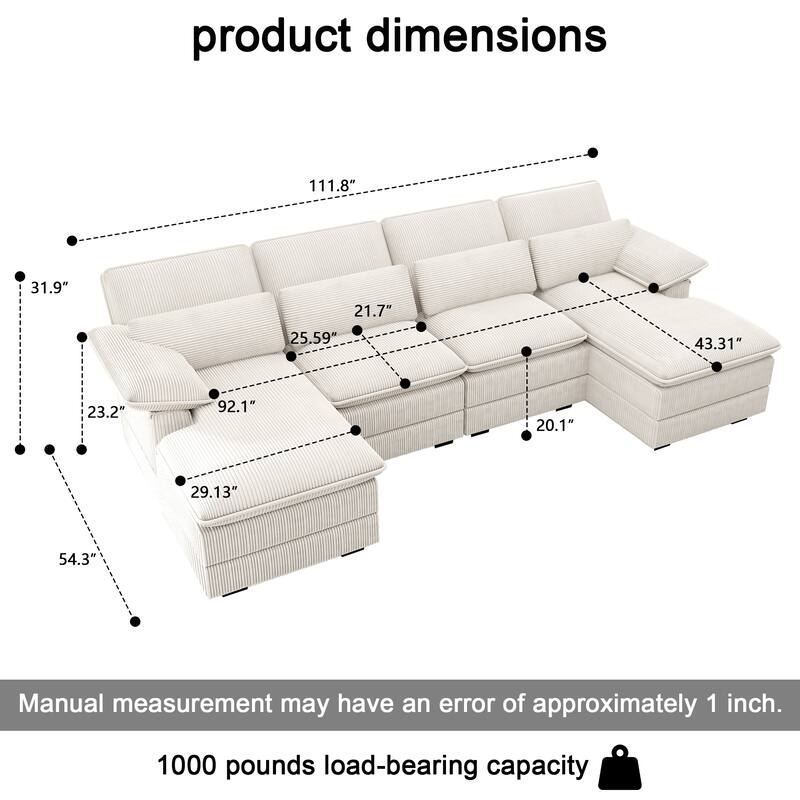 111.8" U-Shaped Cloud Sectional, 4-Seater Corduroy Upholstered Sectional with Recliner and Cushions