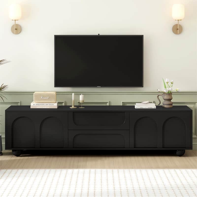 Cream Style TV Stand with Arched Doors and 2 Drawers, for TVs Up to 75" - 69.6" W × 15.7" D × 17.7" H