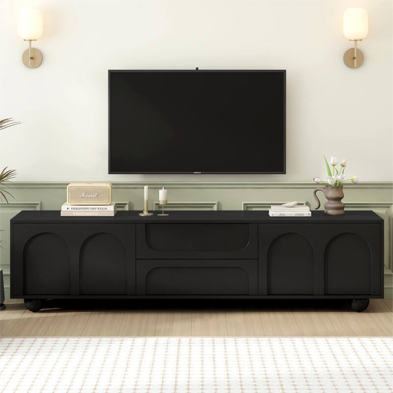 Modern Arched TV Stand for TVs up to 75 Inches with 2 Drawers and Rebound Device, for Living Rooms and Bedrooms, Black