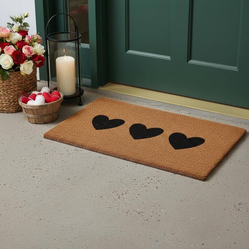 HomeRoots 17" X 29" Brown And Black Three Hearts Outdoor Coir Door Mat - 17.00' X '29.00 - 17.00' X '29.00