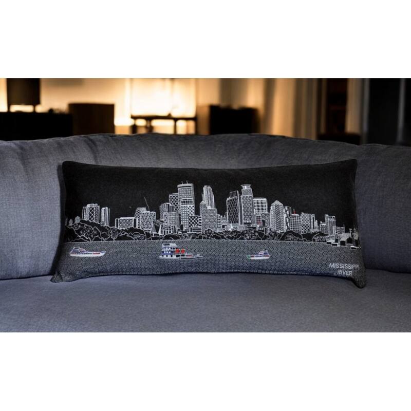 HomeRoots 35" Black Minneapolis Nighttime Skyline Lumbar Decorative Pillow - Bed Rest - Polyester