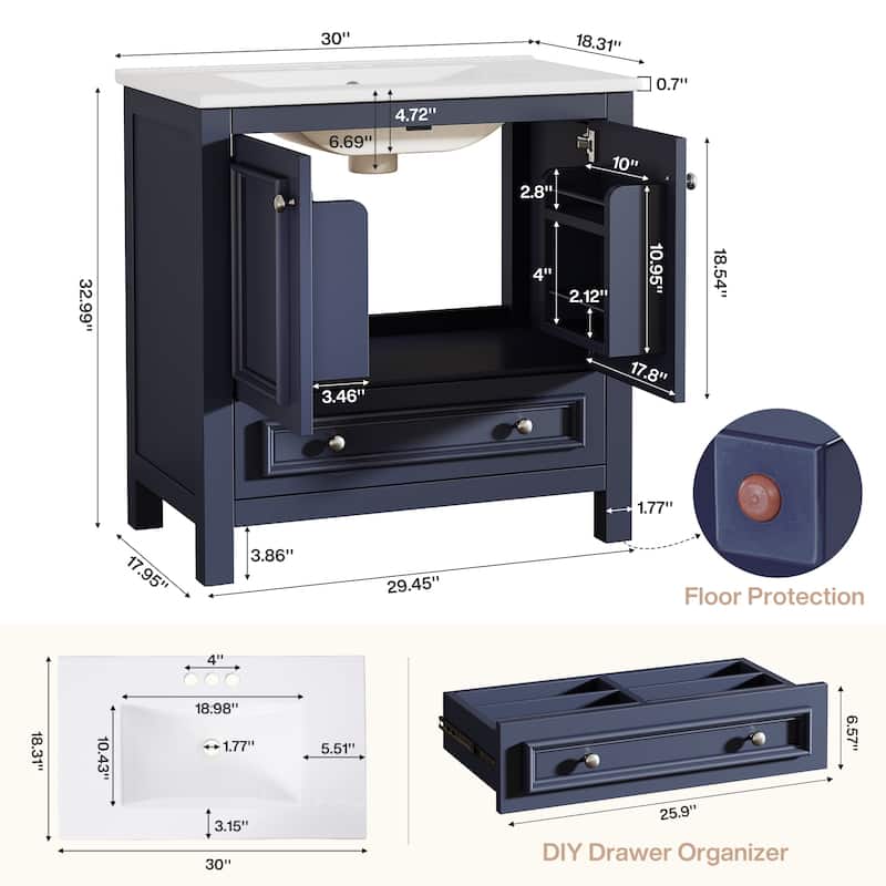30 Inches Modern Bathroom Vanity with Sink, Vanity Cabinet with Drawer and Door Organizer