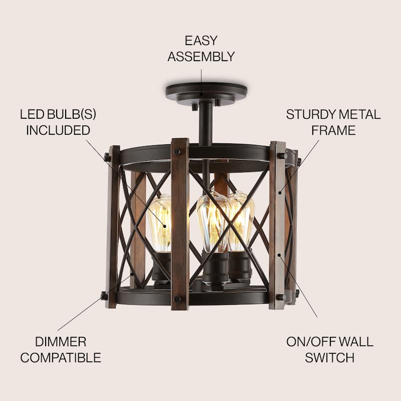 Ciel 14" 3-Light Iron Rustic Farmhouse LED Flush Mount, Brown/Oil Rubbed Bronze by JONATHAN Y