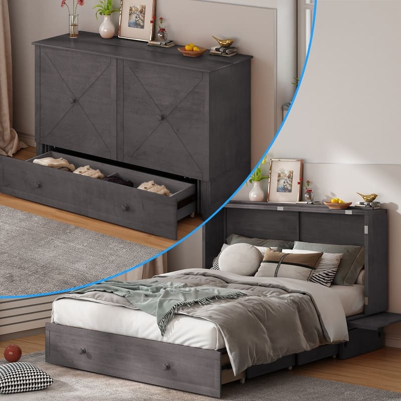 Mixoy Murphy Bed,Cube Cabinet Chest Bed with Charging Station - Grey - Queen