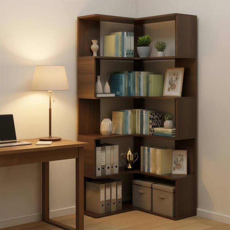 66" Tall 6-Tier Corner Bookshelf - L-Shaped Wooden Bookcase with Baffle, Freestanding Display Shelf for Living Room, Home Office