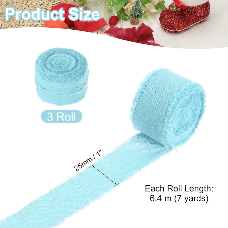 3Roll Cotton Handmade Fringe Ribbon 1"x21Yd Frayed Fringe Ribbons - 7Yd - Light Blue