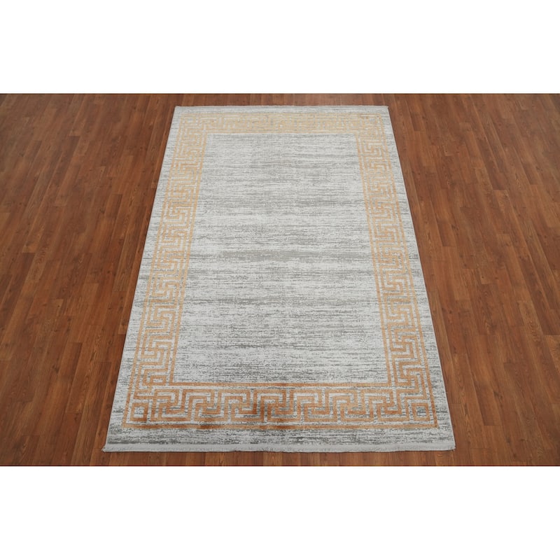 Machine Made Oriental Polyester Carpet Geometric Greys & Charcoal Distressed Area Rug - 7' 5'' X 5' 2''