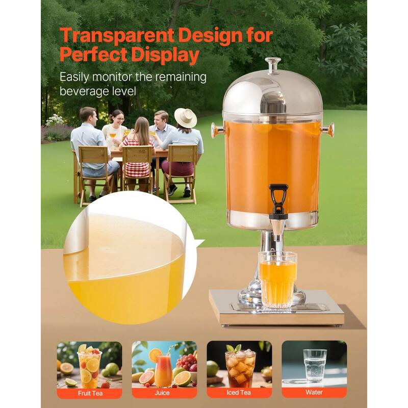 2.1 Gallon Stainless Steel Beverage Dispenser with No Drip Spigot and Ice Chamber for Events or Hotels