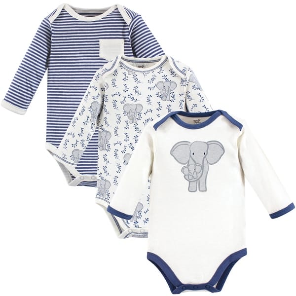 slide 1 of 1, Touched by Nature Organic Cotton Long-Sleeve Bodysuits 3pk, Elephant 0-3 Months - Elephant