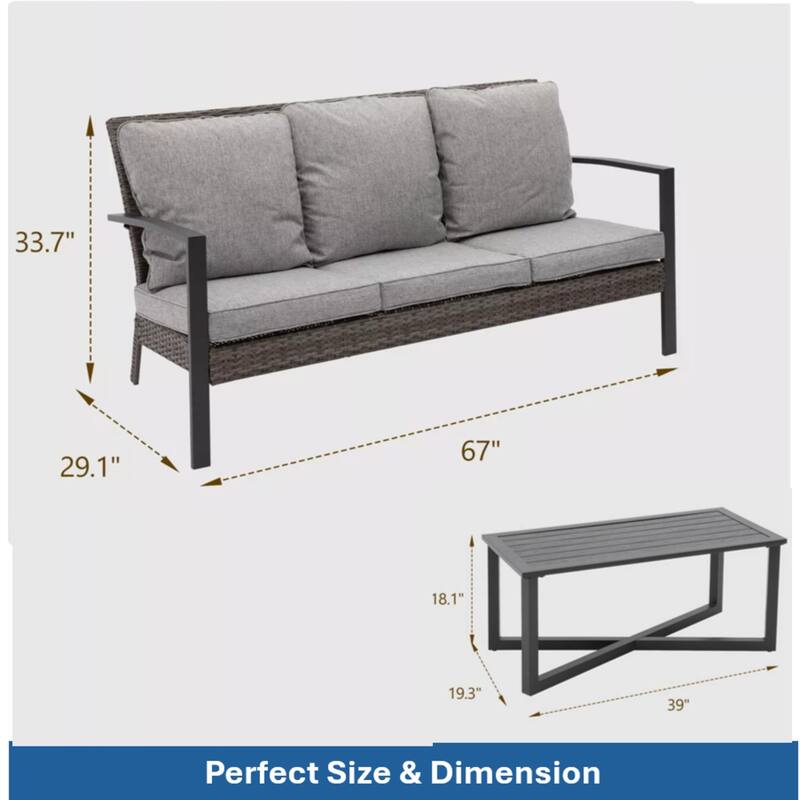 2-Piece Wicker Patio Conversation Set with Gray Cushions Coffee Table