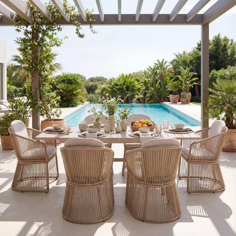 Expandable Aluminum Outdoor Dining Set with 6 PE Wicker Chairs - Beige