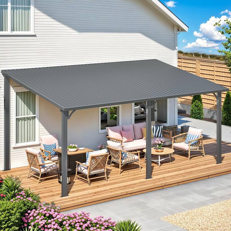 AECOJOY Hardtop Gazebo Outdoor Metal Lean to Pergola Galvanized Steel Roof - 16' x 10'