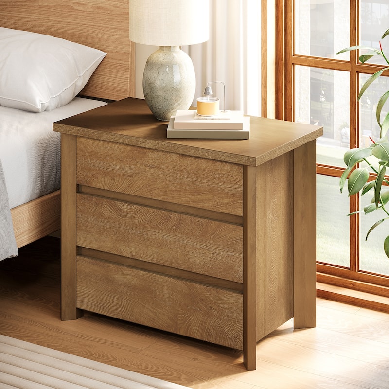 Wood Nightstand with 3 Drawers, Farmhouse Large Bedside Table with Storage