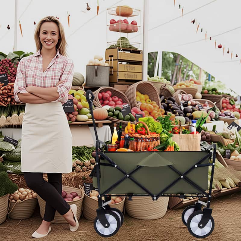 Collapsible Utility Wagon with Storage Straps - 225lb Capacity Foldable Cart, Army Green