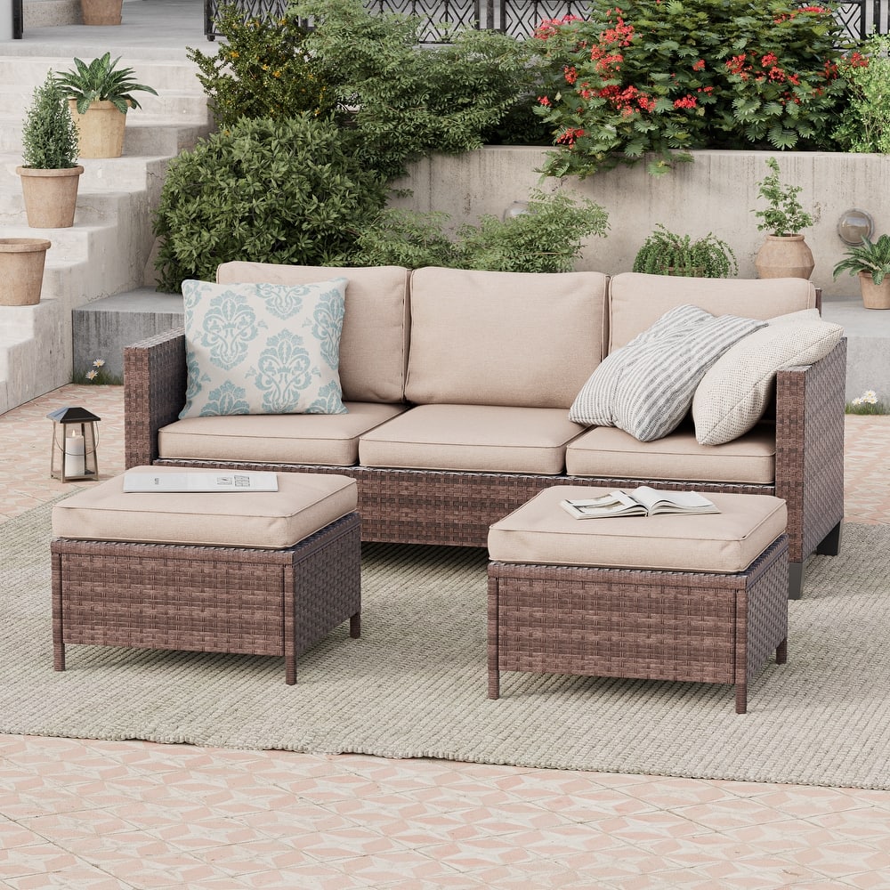 BONOSUKI 3-Piece Patio Sofa Set Brown Rattan Furniture with Ottomans