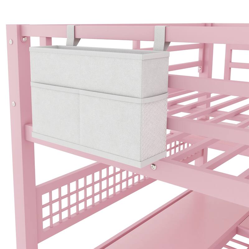 Full Size Metal Loft Bed Frame with Staircase, Wardrobe, Desk, Mesh Board, Storage Shelves, Pocket, LED Lights, Charging Station