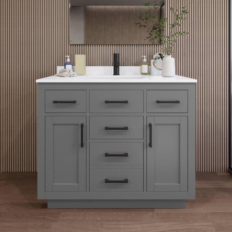 Wyndham Collection WCG262642S-QTZ-UNSMXX Beckett TK 42" Free Standing - Dark Gray / White Quartz Top / Matte Black