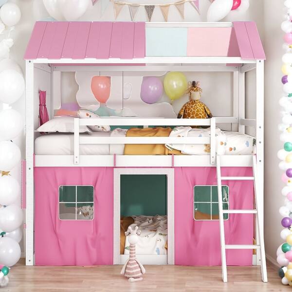 slide 2 of 9, Full Size House Kids Bunk Bed with Windows Sills and Tent, Pink+White Pink+White