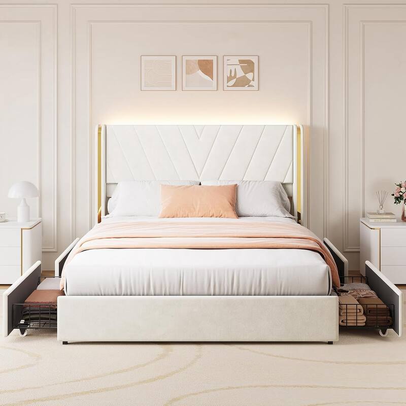 Upholstered LED Bed Frame with 4 Storage Drawers, No Box Spring Needed - Full