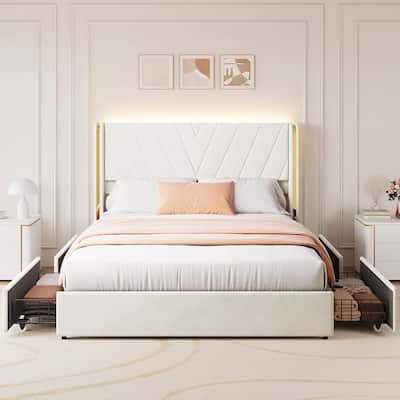 Upholstered LED Bed Frame with 4 Storage Drawers, No Box Spring Needed
