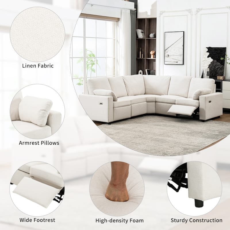 88.9" Linen Power Recliner Sectional 5-Seat Sofa with USB Ports and Storage Drawers
