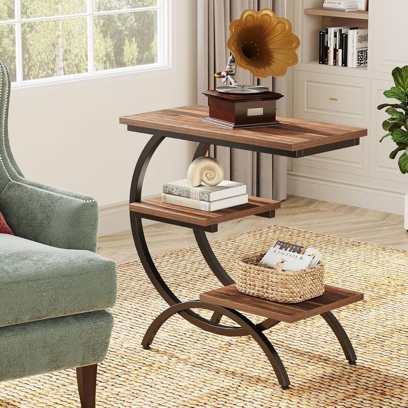 C-Shaped End Table, 3-Tier Small Side Table - 1 PC - Brown