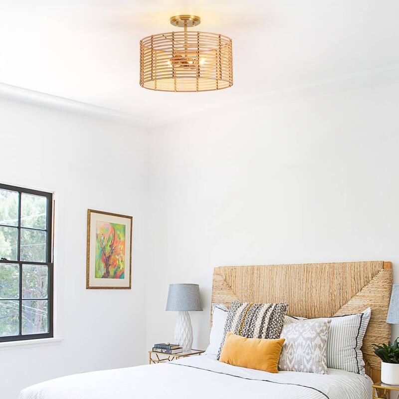 2-Light Bohemian Rattan Semi-Flush Mount Ceiling Light