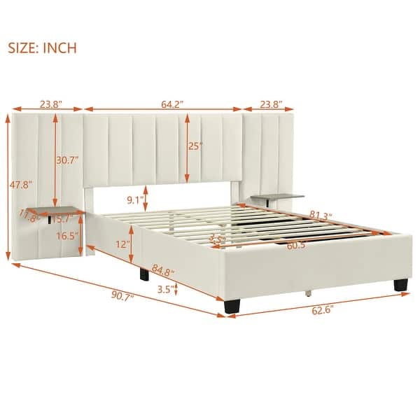 dimension image slide 1 of 3, Full/Queen Size Upholstered Platform Bed with Shelved Headboard