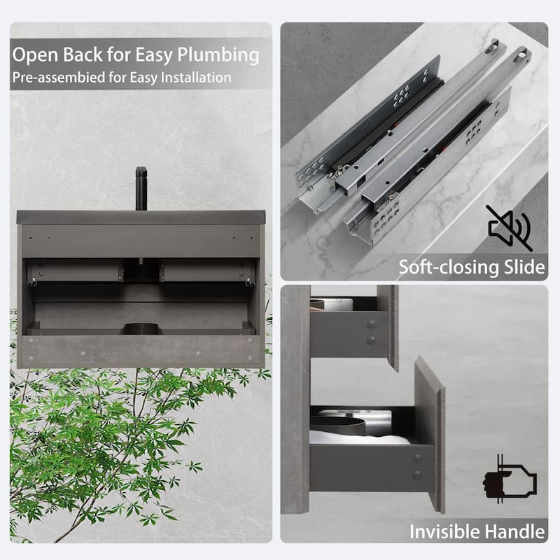24"/30"/36"/42" Floating Bathroom Vanity with Black Quartz Sand Sink, Grey Wall-Mounted Cabinet, Soft Close Drawers