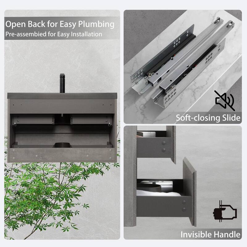 GDFStudio - Carter Floating Bathroom Vanity with Quartz Sand Countertop & Soft-Close Drawers