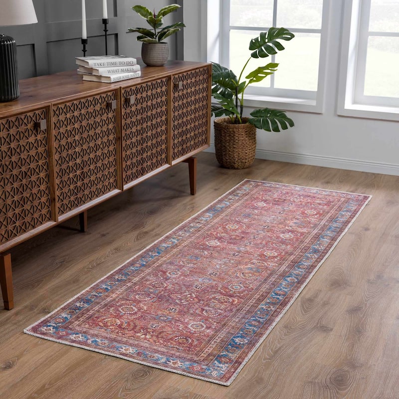 Hauteloom Georgia Machine Washable Persian Oriental Traditional Area Rug - 2'7" x 7'3" - Rust, Mustard, Orange, Off White, Red