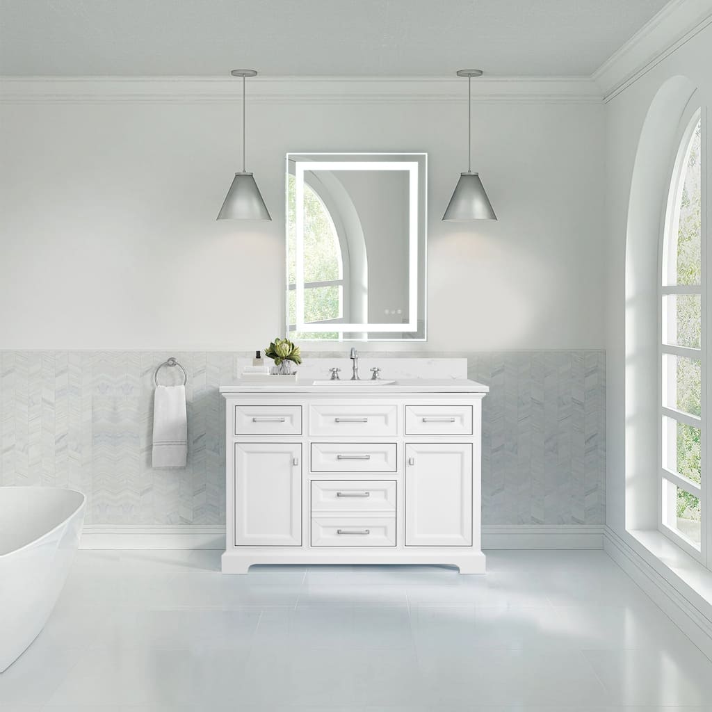 AstralLight 48 in. Single Sink Freestanding White Bath Vanity with White Engineered Marble Top