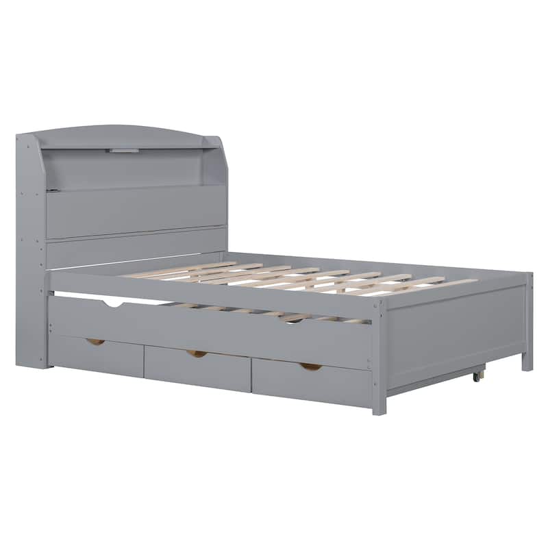 Full Size Wooden LED Platform Bed with Trundle, Storage Headboard Modern Floor Standing Bed Frame with Drawers
