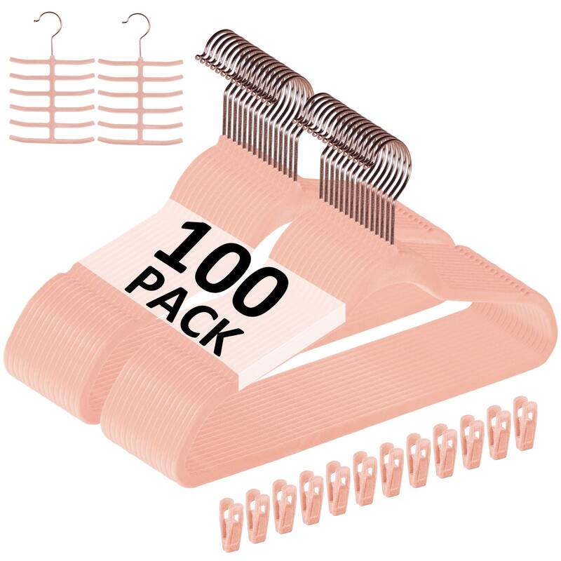 Javlergo 50/100 Pack Velvet Hangers, Heavy Duty Non Slip & Space-Saving Cloth Hangers with 6 Finger Clips & Tie Rack