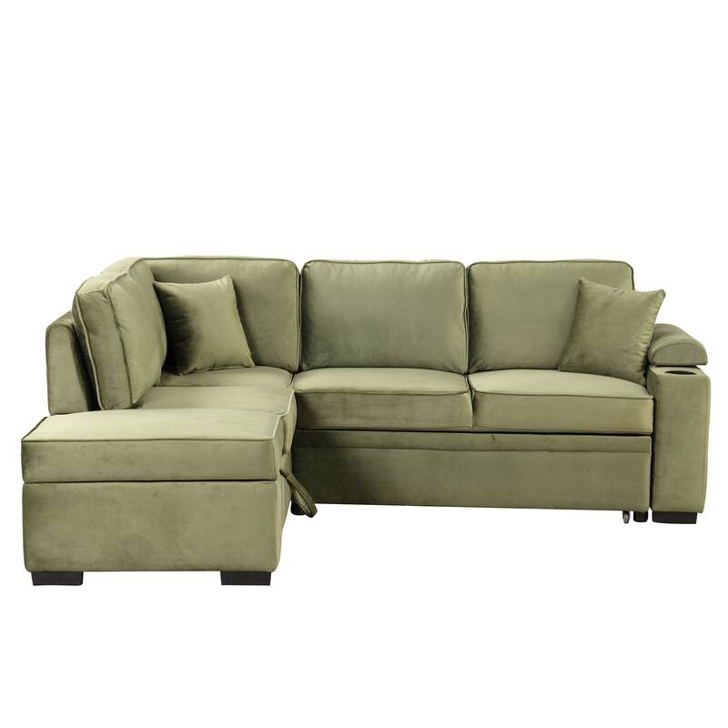 Linen 2 in 1 Pull Out sofa bed L-Shape Couch with Storage Ottoman and Cup Holder Sleeper Sofa Bed with Backrest and Pillows