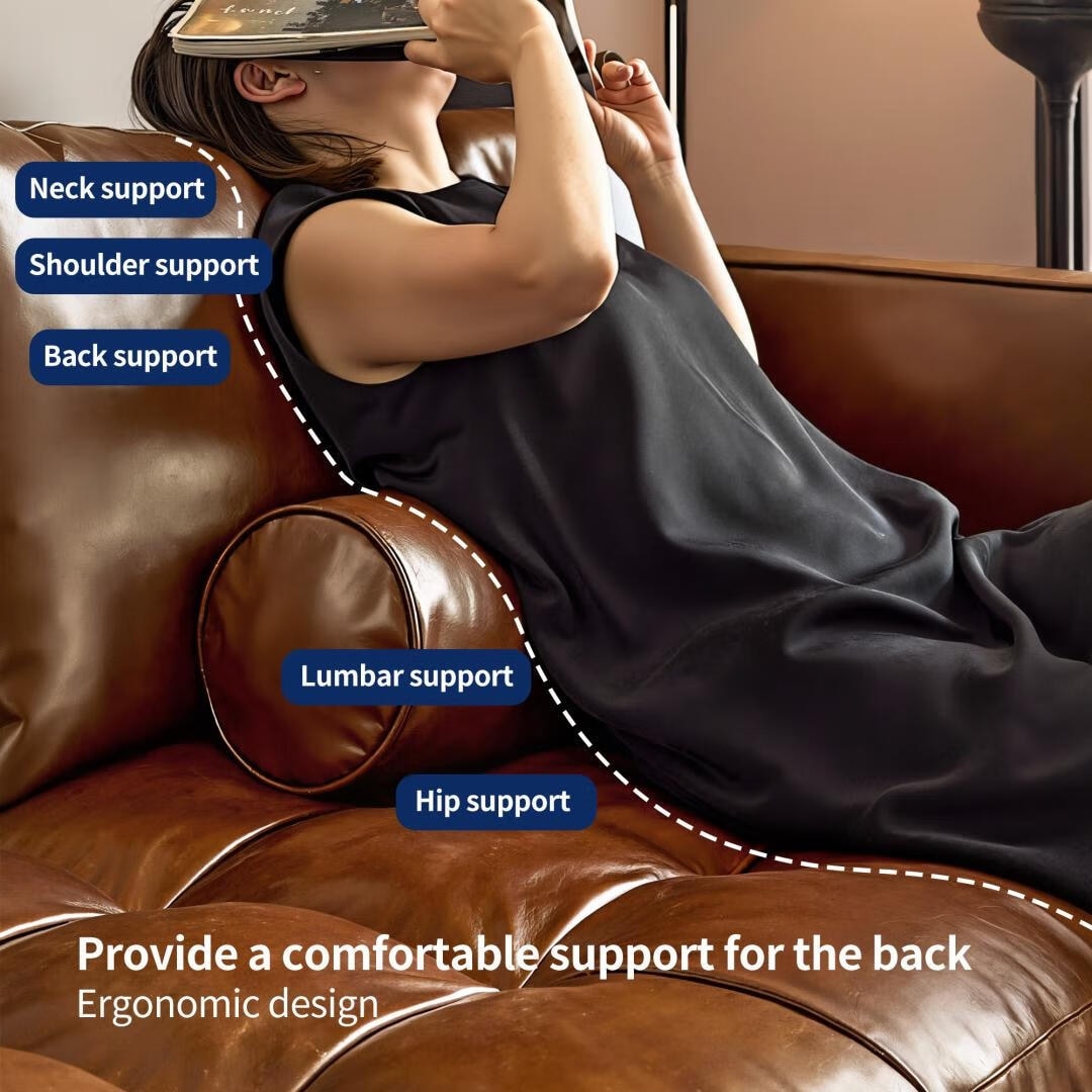 Mid-Century Modern Brown Faux Leather Sofa – 3-Seater Upholstered Couch with Bolster Pillows, Tufted Seat, and Solid Wood Frame