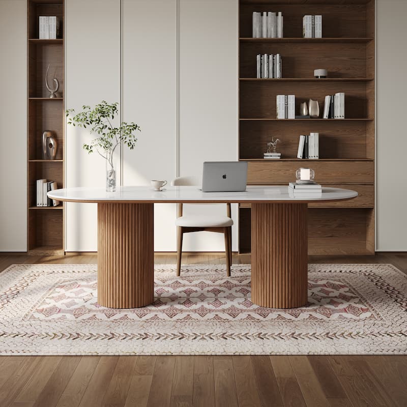 71" Modern Oval Writing Desk,Glossy White Office Table,with Double Solid Wood Legs, 3 Colors Optional - Brown Legs