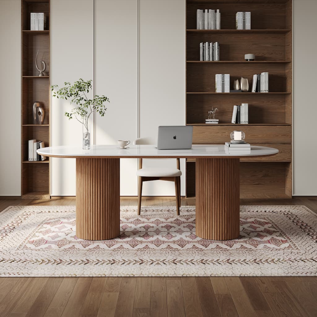 71" Modern Oval Writing Desk,Glossy White Office Table,with Double Solid Wood Legs, 3 Colors Optional