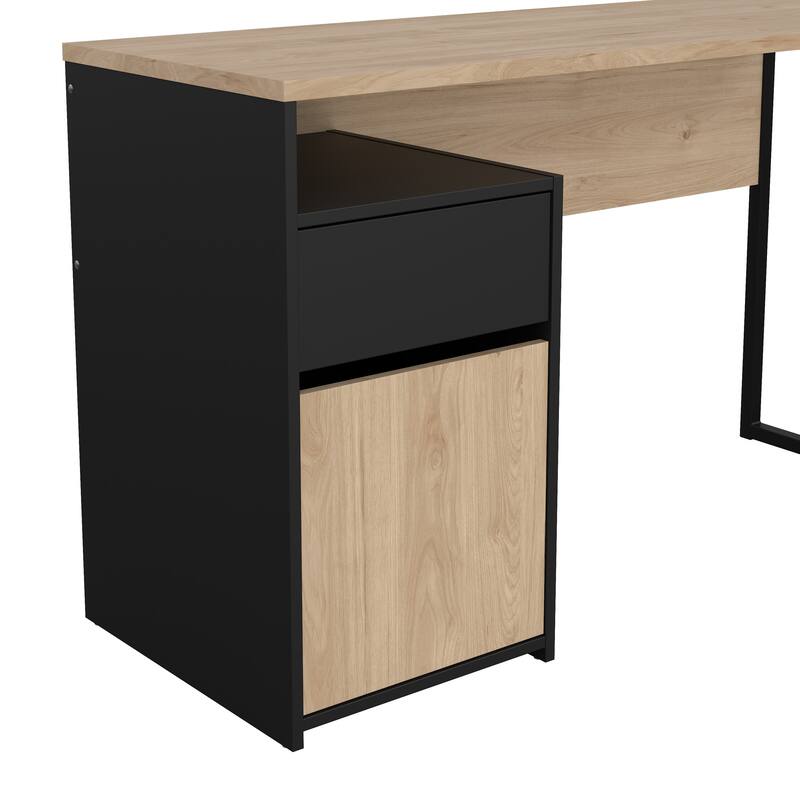 Porch & Den Waylon Home Office Writing Desk with 1 Door and 1 Drawer, Jackson Hickory/Black Matte