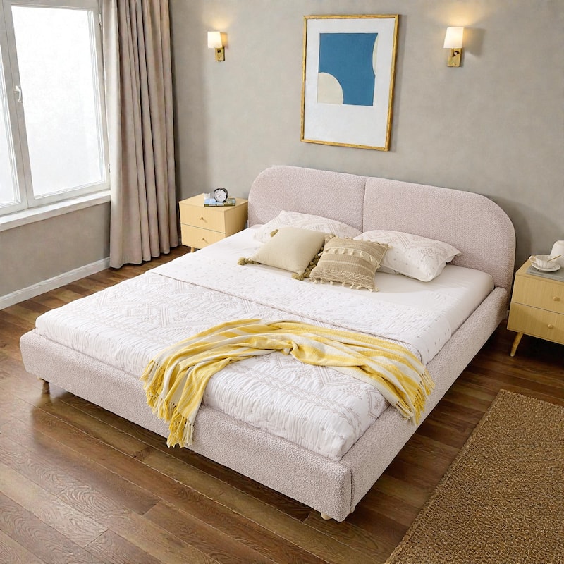 Upholstered Bed Frame with Tall Curved Headboard, Premium Circle Yarn Fabric, Modern Minimalist Platform Bed