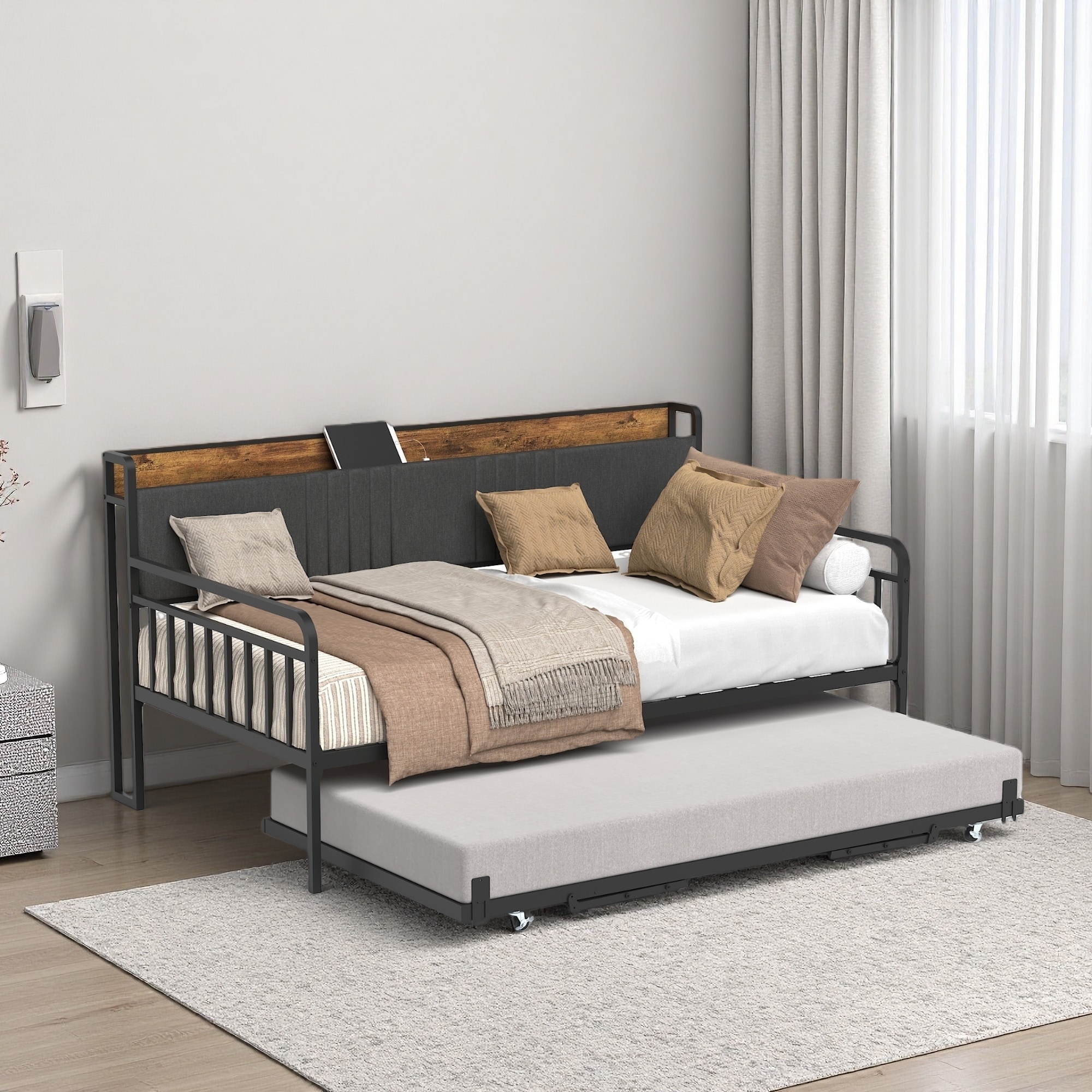 Twin Daybed with Trundle, Metal Frame, Upholstered Headboard, Charging Station & RGB LED, Lockable